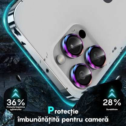 Folie Sticla Lentile Camera MaxDefense+ - iPhone 15/15 Plus - Curcubeu