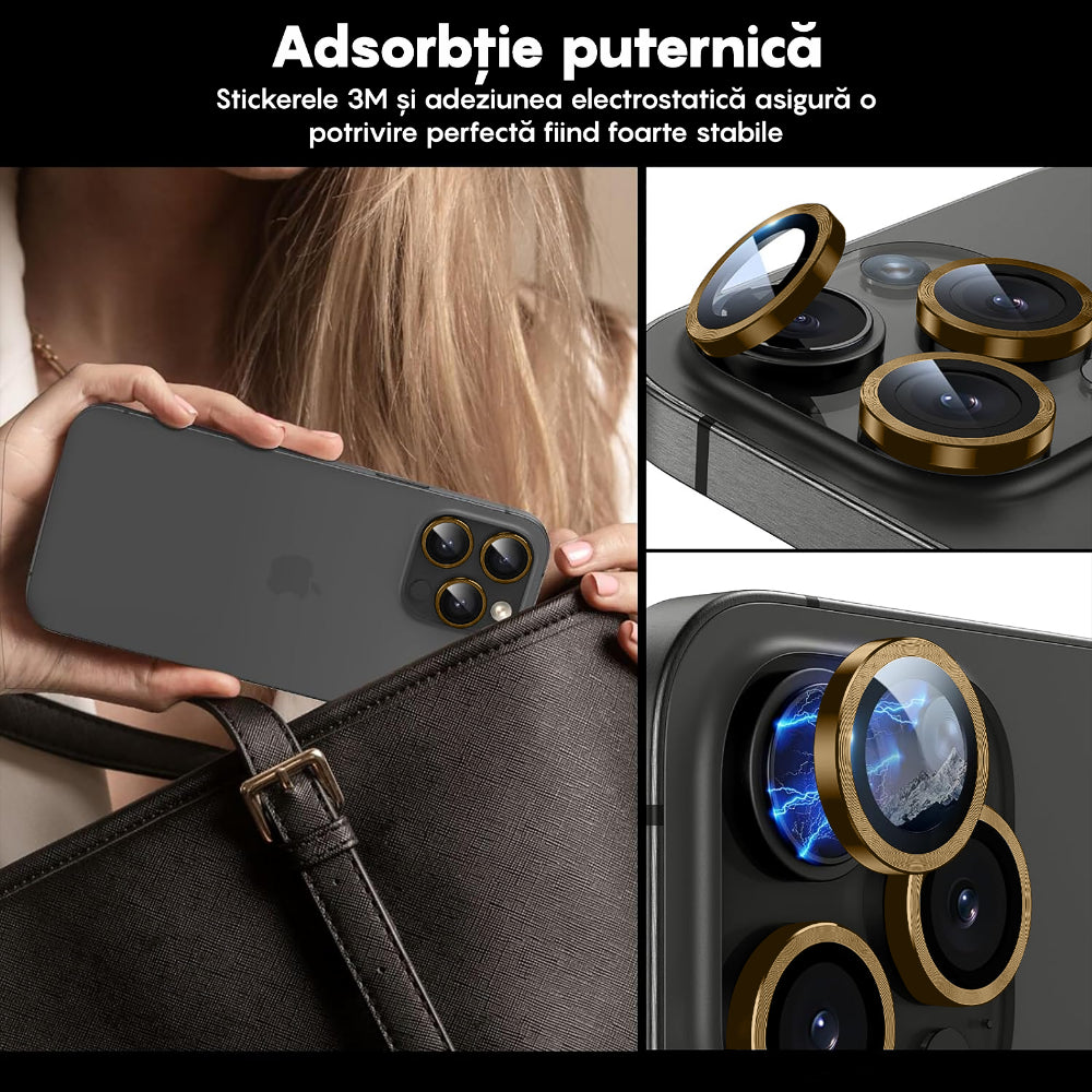Folie Sticla Lentile Camera MaxDefense+ - iPhone 15 Pro/15 Pro Max - Galben
