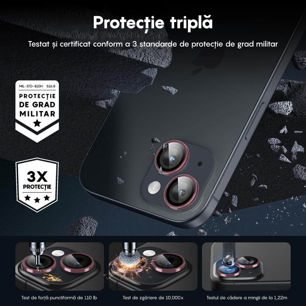 Folie Sticla Lentile Camera MaxDefense+ - iPhone 15 Pro/15 Pro Max - Roz
