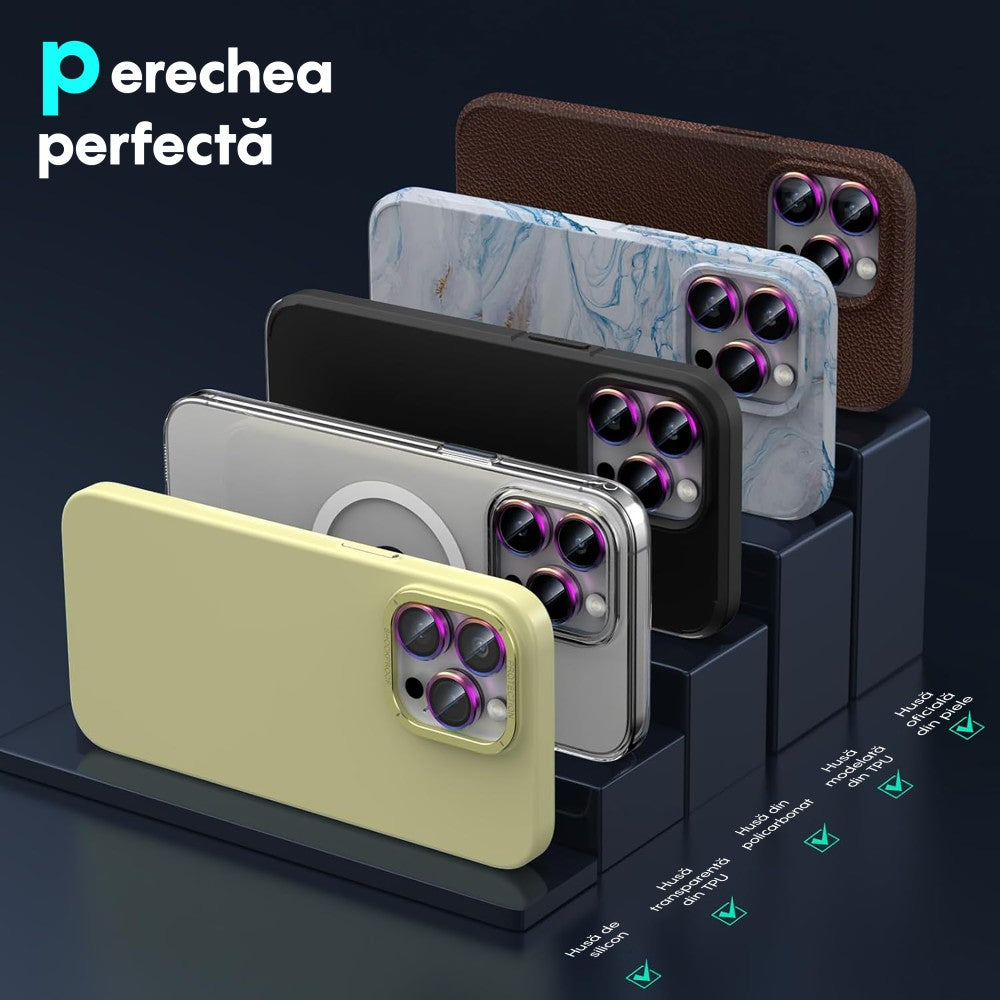 Folie Sticla Lentile Camera MaxDefense+ - iPhone 15 Pro/15 Pro Max - Curcubeu