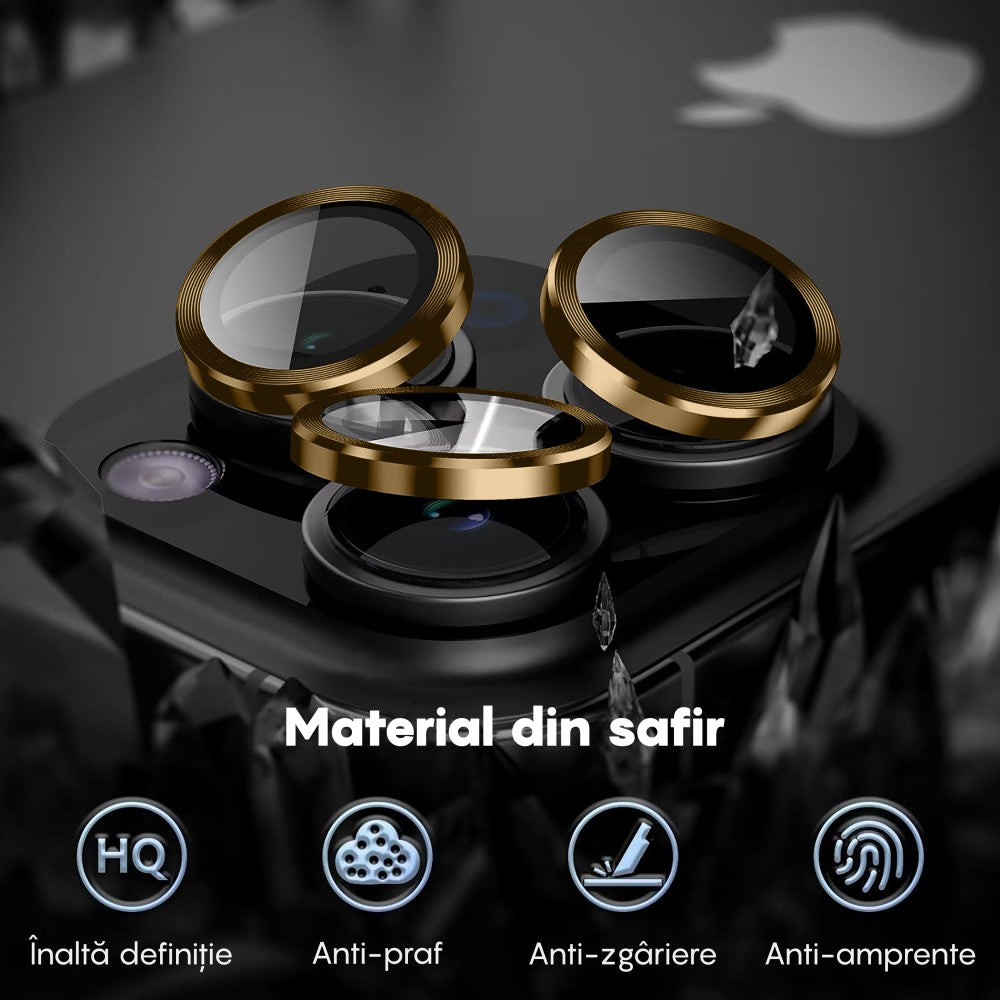 Folie Sticla Lentile Camera MaxDefense+ - iPhone 15 Pro/15 Pro Max - Galben