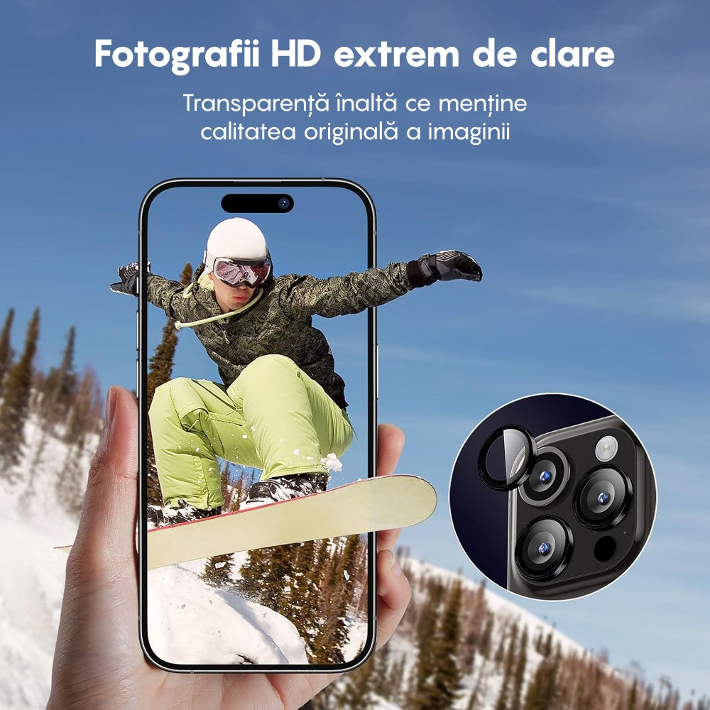 Folie Sticla Lentile Camera MaxDefense+ - iPhone 15 Pro/15 Pro Max - Negru