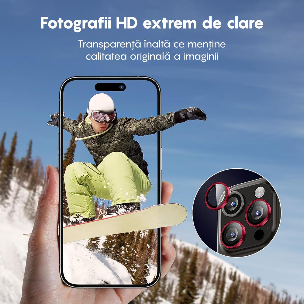 Folie Sticla Lentile Camera MaxDefense+ - iPhone 15 Pro/15 Pro Max - Rosu