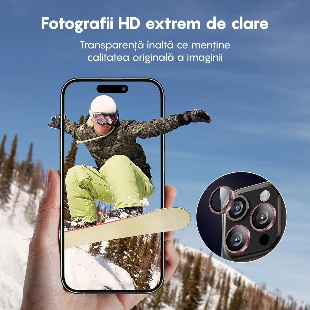 Folie Sticla Lentile Camera MaxDefense+ - iPhone 15 Pro/15 Pro Max - Roz